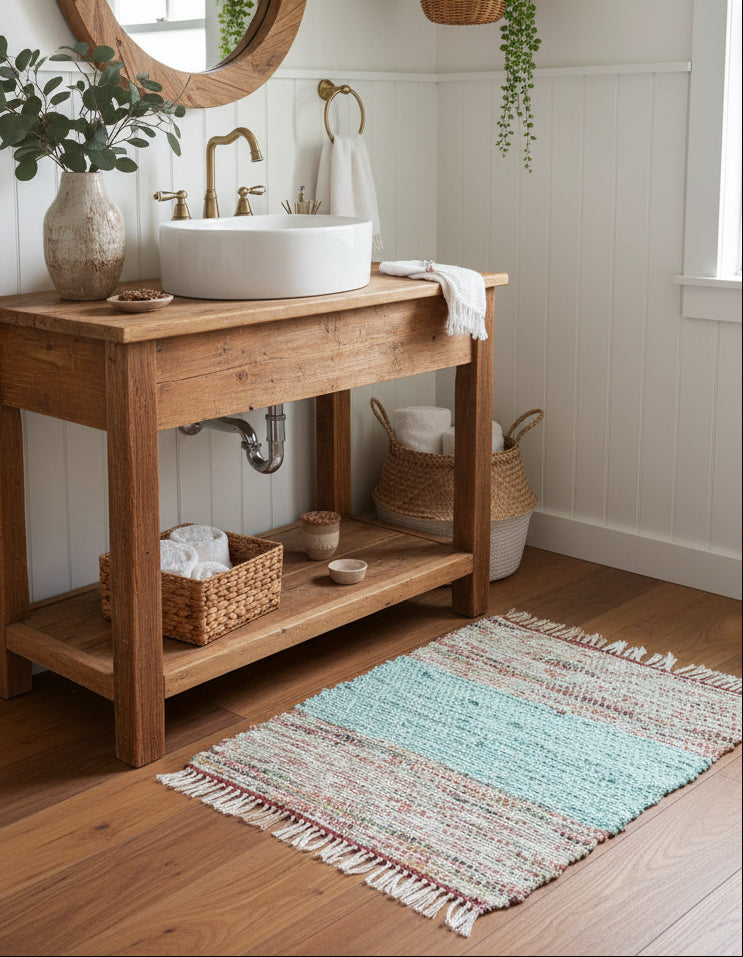 Loom-Woven Upcycled Fabric Small Area Rug - Colorful Accent (23.5" x 19.5")  #11